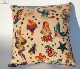 Handmade Cream "Tattoo" Rockabilly Pinup Pillow