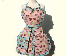 Handmade Turquoise & Pink Cupcakes Polka Dots House wear Apron